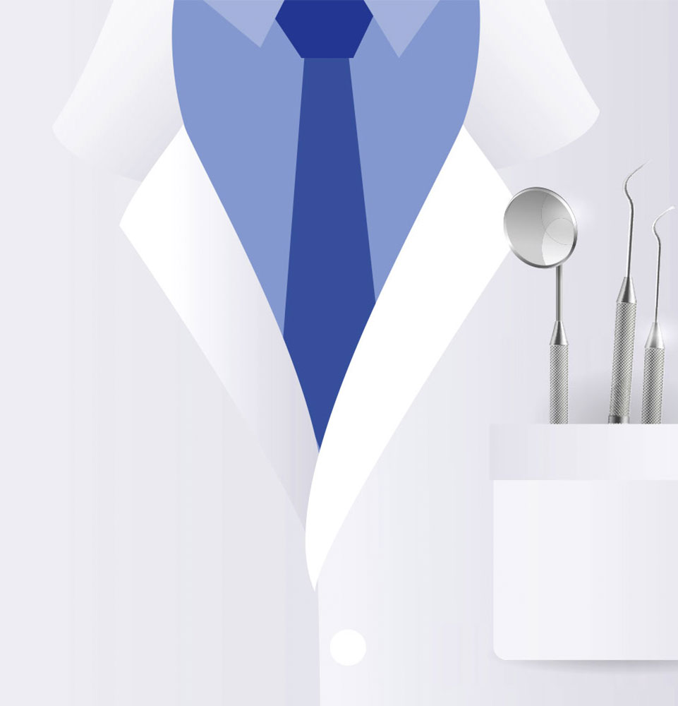 Illustration of a white lab coat with a blue tie and dental instruments in the pocket.